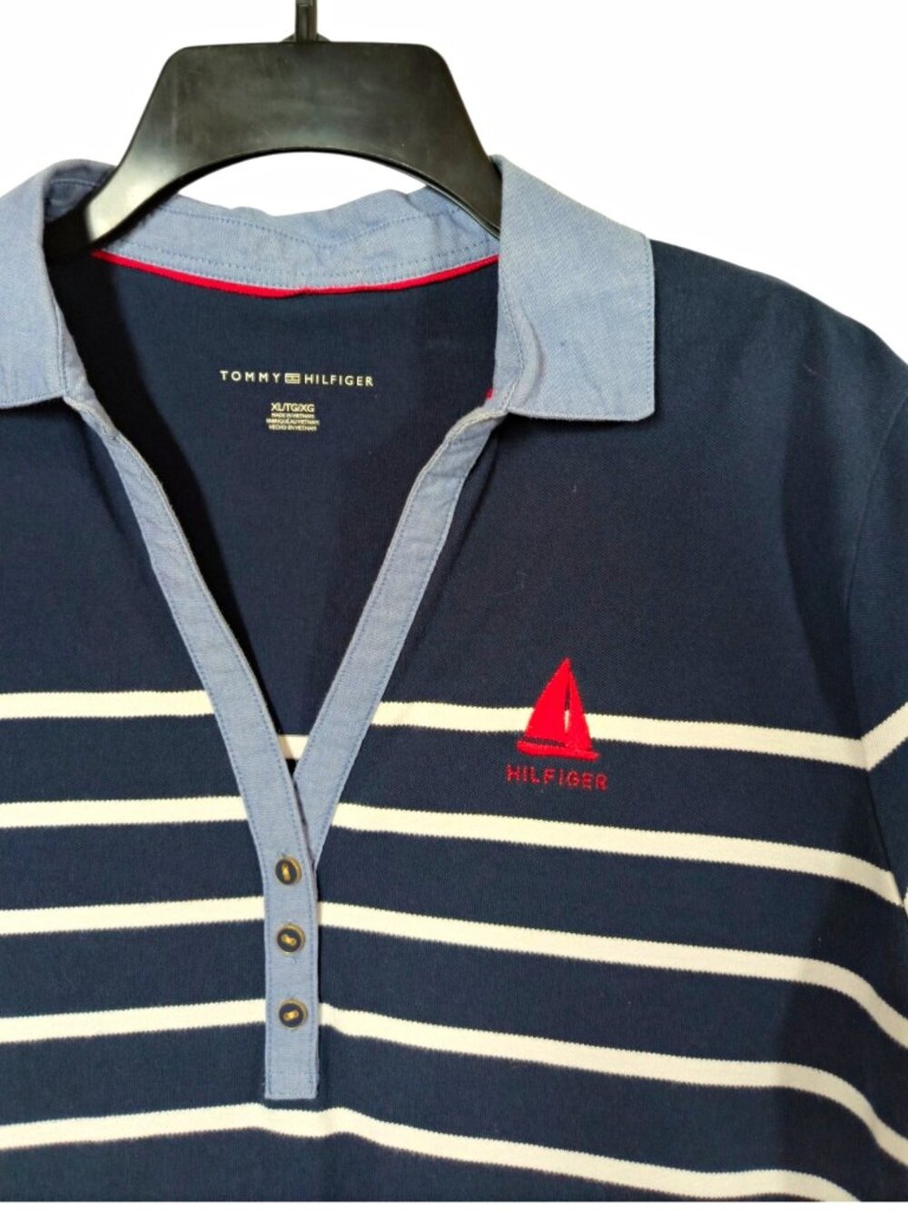 Tommy Hilfiger Womens XL Navy White Striped Short Sleeve Polo Knit Logo